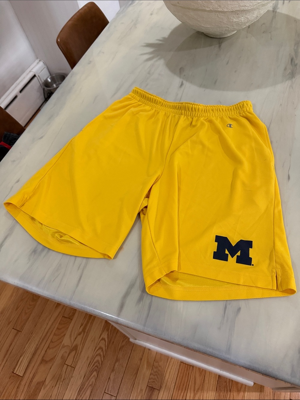 Champion Men’s Yellow Athletic Mesh Shorts with Navy M Michigan Wolverines logo